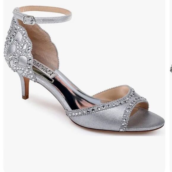 Badgley, Mishka sandal Silver Leather Bling Ankle Strap Kitten Heel 8 - Picture 2 of 12